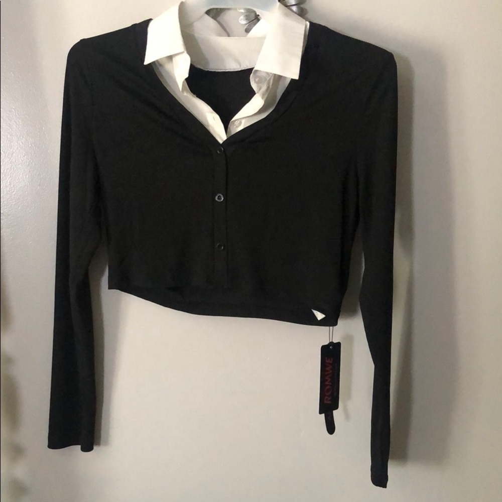 Black Cropped Button Down Shirt with Collar